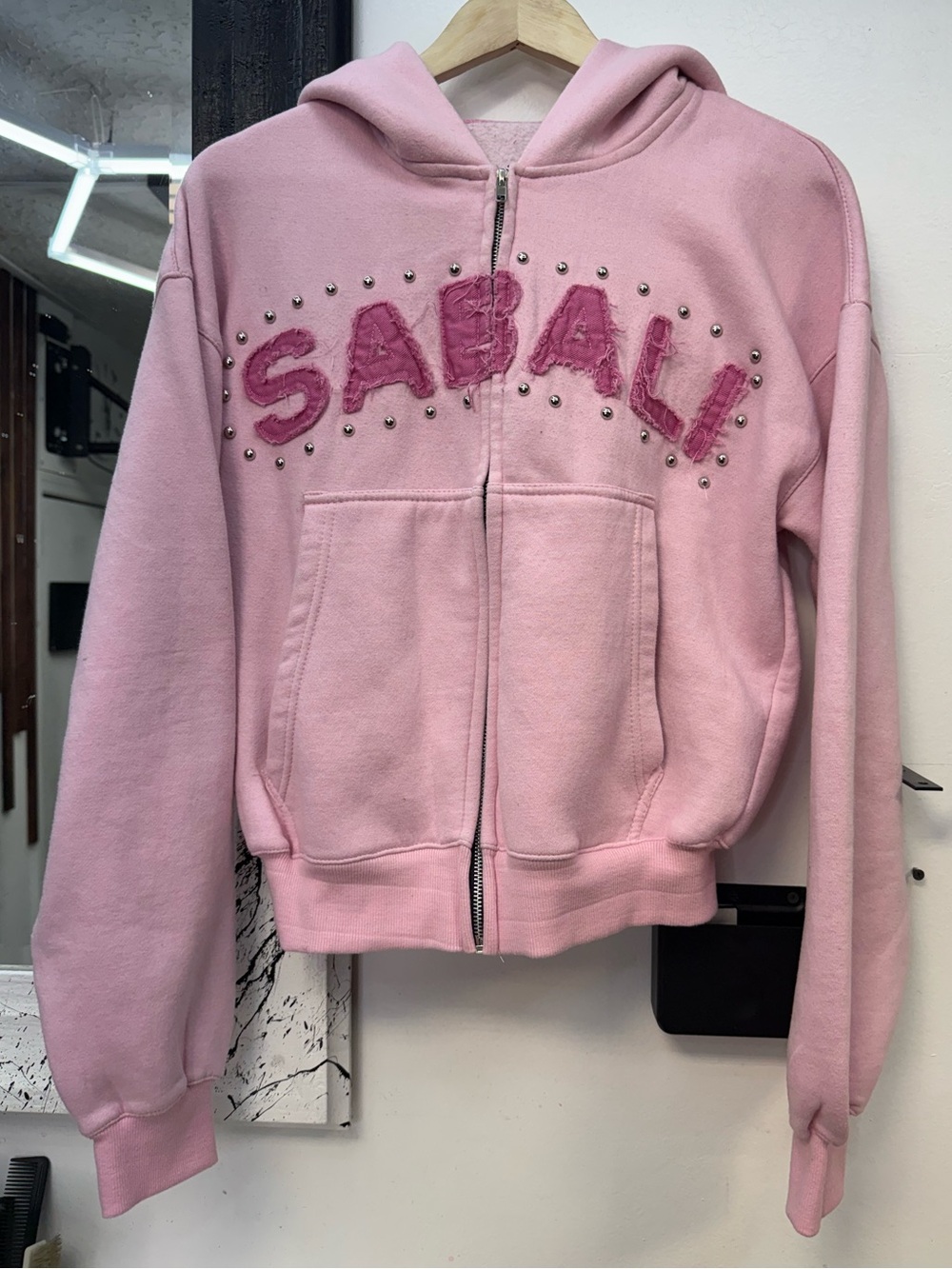 Sabali Pink Zip-Up Hoodie with Studded 'SABALI' Applique (small mark on hood) - Picture 1 of 5